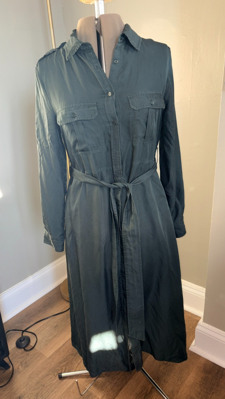 Quince 100% Silk Twill Utility Shirt Dress Forest Green Size Small S